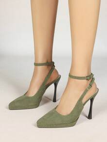 Women's Pointed Toe Thick Sole Backless Sandals With Metal Buckle, Elegant Basic High Heel Shoes For Summer & Autumn - Green - View 2