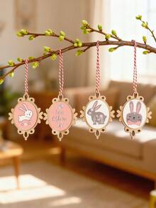 一套4件 | 木质复活节挂饰，兔子造型，饰有“Frohe Ostern”字样，采用质朴的木片制成，可作为复活节树挂饰、节日装饰品，也可用于餐厅墙壁、房间门把手或壁炉装饰。此外，它还适用于复活节树、家庭派对装饰、礼品标签、派对用品、餐桌摆件、复活节礼物、复活节装饰品、春季装饰和复活节派对用品。 - 彩色 - 查看 4