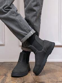 Men's Boots, Thick Sole Round Toe Pull-On Boots, Retro British Mid-Top Boots, Business Casual Daily Motorcycle Riding Boots, Men's Shoes - Gray-black - View 9