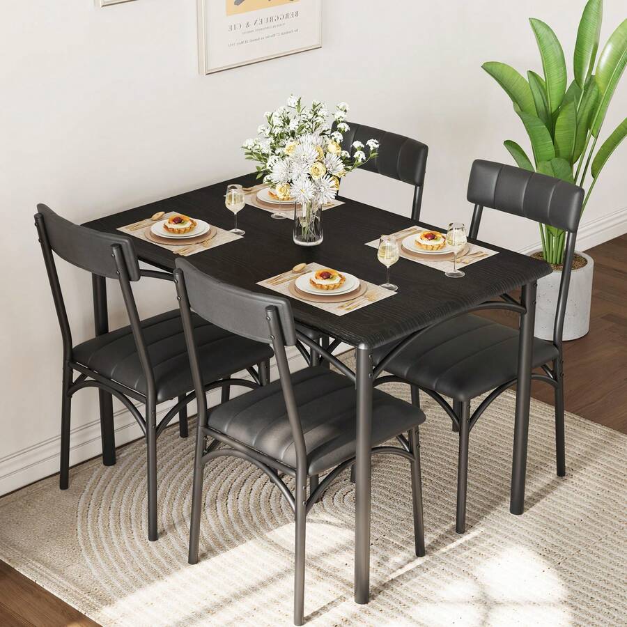 Juego de Comedor de 5 Piezas para 4 Personas con Sillas Tapizadas, Mesa Rectangular para Cocina o Comedor, Muebles Compactos Ideales para Espacios Pequeños, Departamento o Estudio - Negro - Ver 1