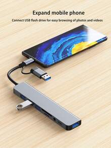 Adaptador de hub USB 3.0 de 8 en 1, interfaz multifuncional, compatible con teléfonos tipo C y tabletas iPad OTG, con conector de 3.5 mm para auriculares, unidad flash USB, disco duro, lector de tarjetas SD - Gris - Ver 8