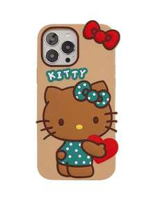 Ốp lưng điện thoại hình mèo KT trái tim ôm bằng silicon 3D màu nâu của Sanrio dành cho iPhone 17/16/14 Pro Max, Apple 13, 12, 11, 14 Pro, 13 Pro, ốp bảo vệ mềm mại sáng tạo, thiết kế mới độc đáo. - màu nâu - Xem 3