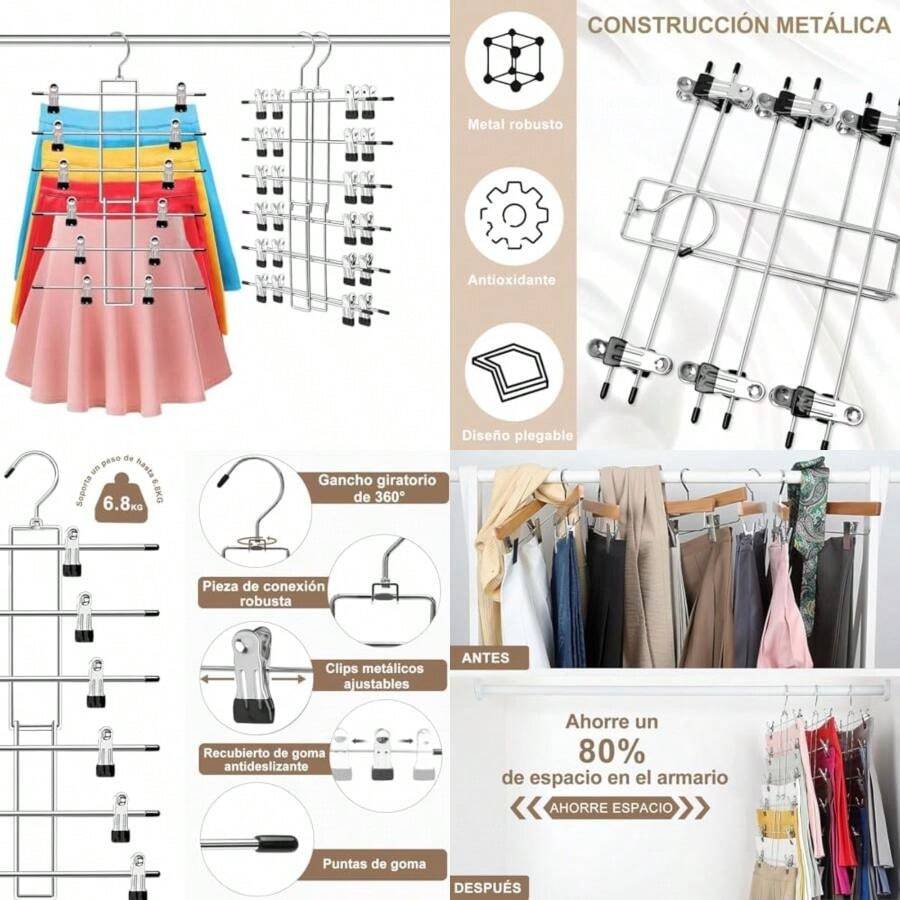 KIKIGOAL 2PCS Perchas para Pantalones con Clip, Ganchos Percheros con Pinzas para Faldas, Percha de Metal Resistencia para Jeans, 6 en 1 Gancho Giratorio Percha para Ropa(default) - Multicolor - Ver 1
