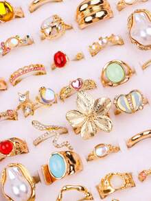 Set de 11 anillos delicados y lindos con rhinestones rosas, regalo de cumpleaños para niñas y niños, accesorios de joyería para uso diario - 11 grandes ojos de gato rosa dorado rosa... - Ver 5