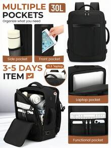 EZUOLA 43*30*20 轻便大容量旅行背包，多种颜色可选，附赠鞋袋，可容纳 15.6 英寸笔记本电脑，设有笔记本电脑隔层、个人物品口袋，符合航空标准，可作健身背包、机场友好型轻便背包、多功能大容量旅行背包、轻便笔记本电脑背包、时尚旅行通勤包、符合航空标准的笔记本电脑和书包 - 黑色 - 查看 5