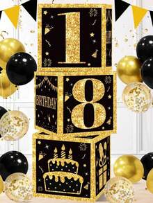 3pcs 27cm Black & Gold Happy Birthday Party Backdrop Decoration Box, 18th Birthday Adult Party Room Wall Decor Supplies, Black & Gold Balloon Filled Box