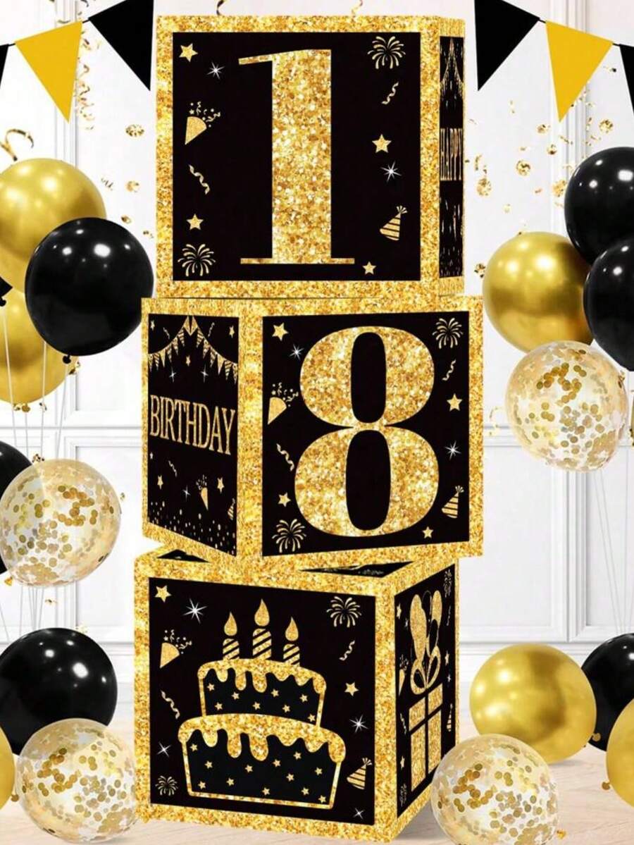 3pcs 27cm Black & Gold Happy Birthday Party Backdrop Decoration Box, 18th Birthday Adult Party Room Wall Decor Supplies, Black & Gold Balloon Filled Box