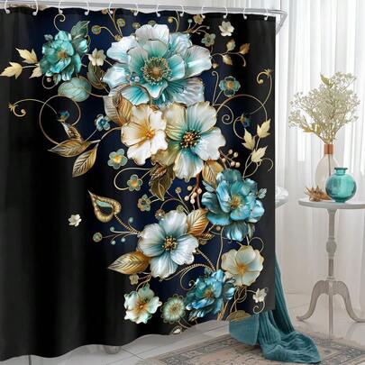 Blue, Gold & Teal Floral Shower Curtain, Botanical Peony, Turquoise, Herbal Plant Pattern, Elegant & Beautiful Bathroom Curtain Set, Suitable For Girls & Women Bathroom Decor