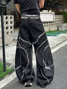 1件日式拼接刺绣毛边阔腿牛仔裤，男士个性街头风做旧宽松长裤（不含腰带和配饰） - 黑色 - 查看 5