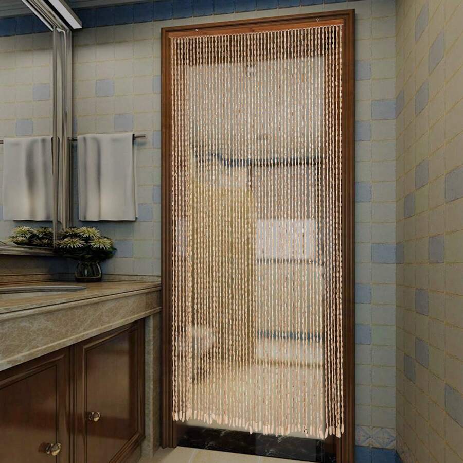 Bamboo Wood Beaded Curtain, 52 Strings Natural/Walnut Door Curtain, Bamboo And Wooden Doorway Curtain, 52-String Natural Bead Partition, Large Door Curtain For Privacy, Room Divider, Wall Decor, Vintage & Bohemian Style, 79x35 Inch Room Divider For Doorway, Window, Boho & Rustic Decor, Noise Reducing, Includes Wooden Track & Rings - 木質色 - 查看 1