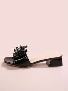 French Square Toe Rhinestone Bow Chunky Heel Strap Summer New Versatile Slim High Heel Sandals - Black - View 2