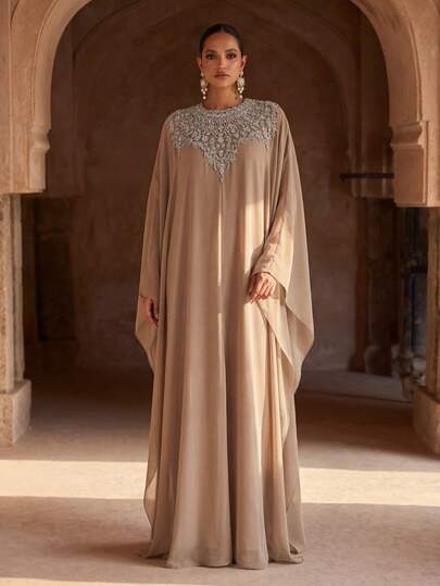 Abaya de gasa azul elegante, adornada con decoración plateada, de manga larga, se puede usar como abaya, abaya de fiesta o vestido formal (corte holgado - consulte la tabla de tallas)