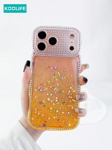 1pc Wavy Edge Diamond Gradient Phone Case With Epoxy Heart Glitter, 2.0mm TPU Soft Cover, Raised Lens Protection Shockproof Stylish Design Case, Compatible With IPhone 17/17 Pro/17 Pro Max