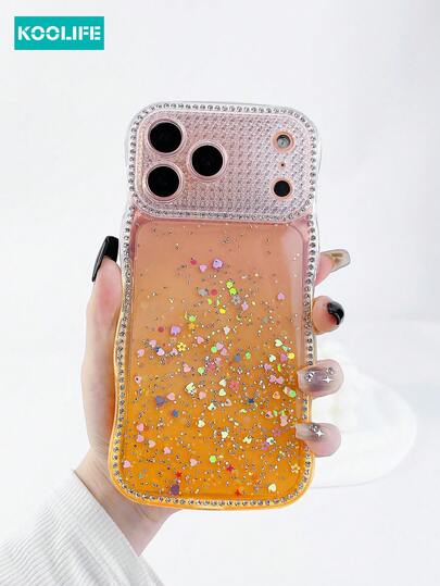 1pc Wavy Edge Diamond Gradient Phone Case With Epoxy Heart Glitter, 2.0mm TPU Soft Cover, Raised Lens Protection Shockproof Stylish Design Case, Compatible With IPhone 17/17 Pro/17 Pro Max
