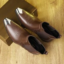 Men's Western Cowboy Boots, Steel Toed Chelsea Ankle Boots, Casual Retro Style, Classic And Comfortable Outdoor Casual Shoes - màu nâu - Xem 3