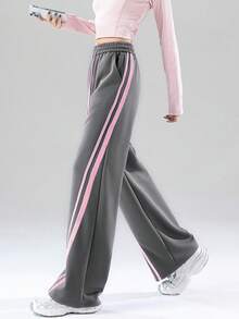 JUTU 灰粉色撞色复古高腰阔腿休闲裤，抽绳腰带，宽松显瘦，百搭长裤，适合春秋冬三季穿着。 - 1A71煙灰拼粉 - 查看 3