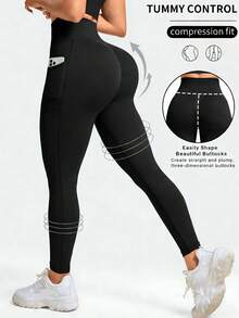 New Plus Size Women Sports Leggings, Soft High Waist High Elasticity Workout Running Tight Pants, Casual Daily Outdoor Cycling Trousers, Solid Color With Pockets Yoga Pants - Black - View 3