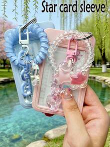 Transparent Pink Star-Shaped Pendant Keychain Card Holder/Photo Holder, Durable Clear ID Card Clip Macaron Color Acrylic Decorative Chain Keychain DIY Pendant Jelly Color High Elasticity Telephone Wire Hair Scrunchies, Detachable - Multicolor - View 2