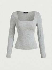Basic Minimalist Crew Neck Double Layer Seamless Slim Fit Long Sleeve Top Casual Spring - Light Grey - View 4