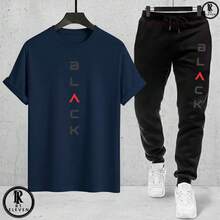 Men's Fashion Casual T-Shirt And Sweatpants Set - Black Cotton Knit + Sweatpants With Pockets - Art - 海軍藍T卹,黑色褲子 - 查看 1