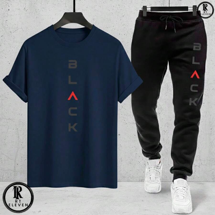 Men's Fashion Casual T-Shirt And Sweatpants Set - Black Cotton Knit + Sweatpants With Pockets - Art - 海軍藍T卹,黑色褲子 - 查看 1