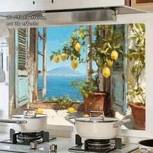 这款蓝色百叶窗采用透视效果，饰以蔚蓝海景和柠檬树图案，为2D平面设计，适用于厨房墙面。采用优质PVC材料制成，易于安装且经久耐用。适合家居装饰和现代厨房室内设计。 - 彩色 - 查看 6