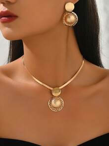 1 Set Fashionable Exaggerated Geometric Circle Matte Earrings And Necklace Jewelry Set, Suitable For Women's Casual And Daily Wear - Yellow Gold - View 2