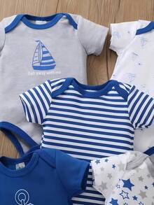 Set Of 5 Triangular Baby Rompers, Made Of Cotton With A Nautical Anchor Print, Soft And Comfortable, Ideal For Outdoor Use And Everyday Wear At Home. - Azul - Ver 3