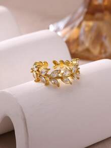 1 Pc Fashion Cubic Zirconia Green Leaf Ring For Women Gold Color Stainless Steel Open Rings Wedding Party Jewelry Gift - Multicolor - View 8