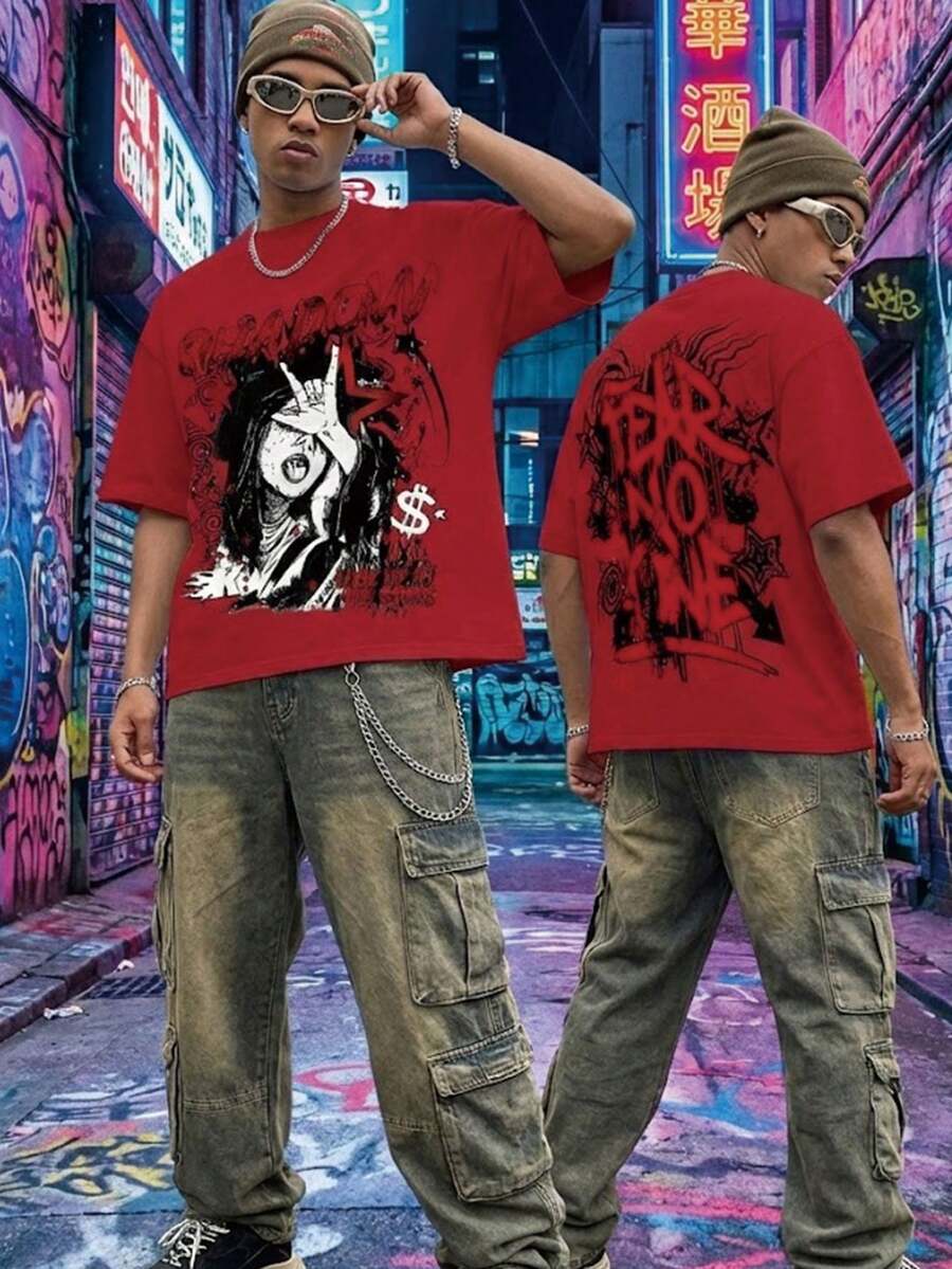 Shadow Graphic T Shirts For Men, 100 Percent Cotton Oversized T Shirt, Dark Aesthetic Punk Camisetas Para Hombre - 紅色 - 查看 1
