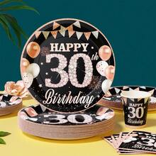 30th Birthday Diamond Black Background Disposable Plates, Napkins, Cups - One-Time Party Supplies Set, Fits 25 Guests, Disposable Paper Plates Party Tableware Suitable For Birthday, Wedding, Theme Party, Family Picnic - Multicolor - View 3