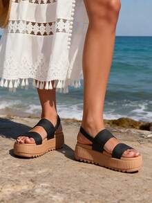 Women's Waterproof 1.69inch Platform Water Sandals Adjustable Casual Lightweight Wedge Chunky Sandals For Beach Vacation Summer Black Shoes - 黑色/PU - 查看 4