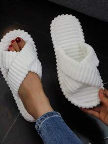 女士露趾记忆棉拖鞋，交叉绑带设计，秋冬季室内毛绒拖鞋