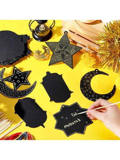 斋月开斋节快乐刮刮画 - DIY 星月灯笼装饰套装（含棍子和丝带），艺术工艺品礼品，黑金节日装饰