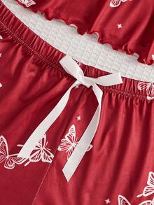 两件套女士吊带睡衣套装，含短裤，蝴蝶印花和荷叶边下摆设计，透气面料，适合休闲度假和居家穿着。 - 酒紅色 - 查看 4