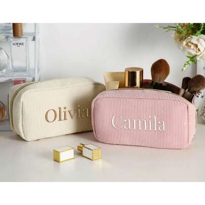 1pc Personalized Corduroy Makeup Bag, Custom Embroidered Storage Pouch, Travel Cosmetic Bag, Bridesmaid Toiletry Bag, Zipper Closure, Handbag For Vacation Party, Women's Makeup Case, Wedding Gift, Birthday Gift For Her, Bridesmaid Gift, Valentine's Day Gift, Party/Sorority Gift, Gift For Mom, Girlfriend, Suitable For Anniversary, Graduation, Back To School