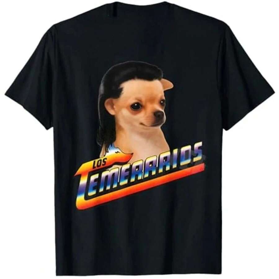 Camiseta divertida de meme de perro Los Temerarios, linda variación de perro Y2k, atuendo gráfico Brainrot, camiseta impresa humorística, ropa de calle - Negro - Ver 1