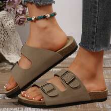 Womens Flats Sandals Adjustable Buckle Slippers Comfort Slides For Women Soft Flat Open Toe Summer Footwear Shoes - 駝色 - 查看 6
