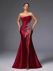 VIPGIRL Latest Design Handmade Two-Piece High Slit Burgundy Luxury Soft Elegant Evening Dress - Burgundy - View 4