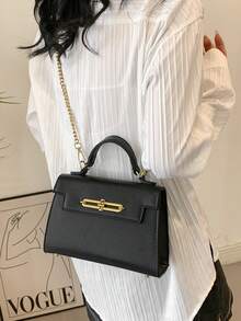 Fashionable Minimalist High-Quality Handheld Box-Shaped Flap Cover Small Square Bag With Metal Buckle, Snap Closure, Chain Strap, Suitable For Daily Outing And Commuting, Women Small Purse - Black - View 5