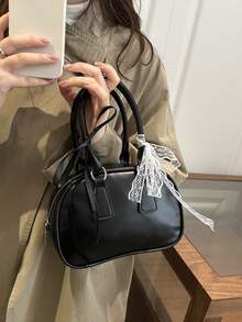 Bolso de mano de unicolor personalizado y de moda, sin accesorios colgantes, decoración de pañuelo de seda suave y lisa, bolso cruzado para mujeres, adecuado para compras, carteras, compras, mujeres jóvenes, estudiantes universitarios, recién llegados y trabajadores de cuello blanco. Son muy adecuados para oficinas, universidades, trabajo, negocios, viajes al trabajo, actividades al aire libre, viajes y salidas. - Negro - Ver 3