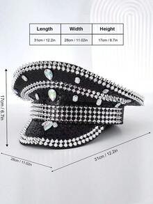 Punk-Style, Glittery Sequined Rhinestone Captain's Hat, Colorful Rave Disco Party Hat, Studded Cap, Costume Accessory For Women - 銀色 - 查看 2