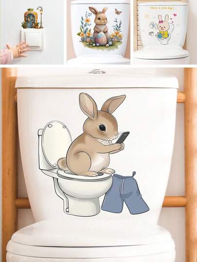 BRUP 1张可爱兔子在马桶上玩手机，裤子就在旁边的乙烯基浴室马桶贴纸，家居装饰，儿童房/客卫墙面艺术