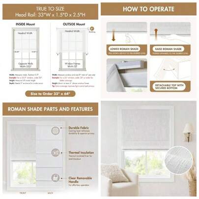 Cordless Roman Shades, Total Blackout Window Blind Privacy Window Shades, Thermal Insulated Cordless Window Treatment Bedroom, Living Room, Quincy, Single Panel 33 Inch X 64 Inch L White