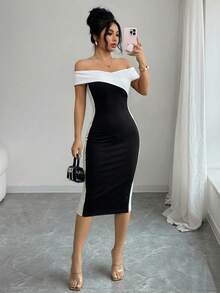 Women's Fashionable Elegant Contrast Color Fitted Midi Dress, Short Sleeve Pencil Dress Design, Suitable For Party Wear Summer - Multicolor - View 8