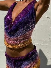 Awevudst Women Halter Neck Sequin Crop Tops Slim Fitted Backless Tie Up Cowl Neck Tank Tops Camisoles Summer Spaghetti Straps Deep V-Neck Cami Tops Beachwear Party Clubwear - 紫色 - 查看 3