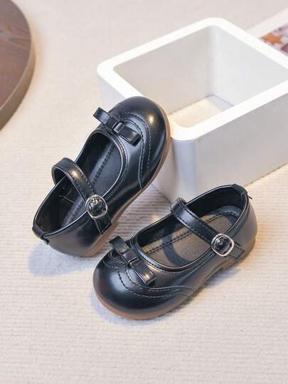 1 Pair Black Infant Cute Embroidered Flower Bow PU Hook And Loop Strap Shoes, Suitable For All Seasons, Outdoor, Daily Wear, Party, School