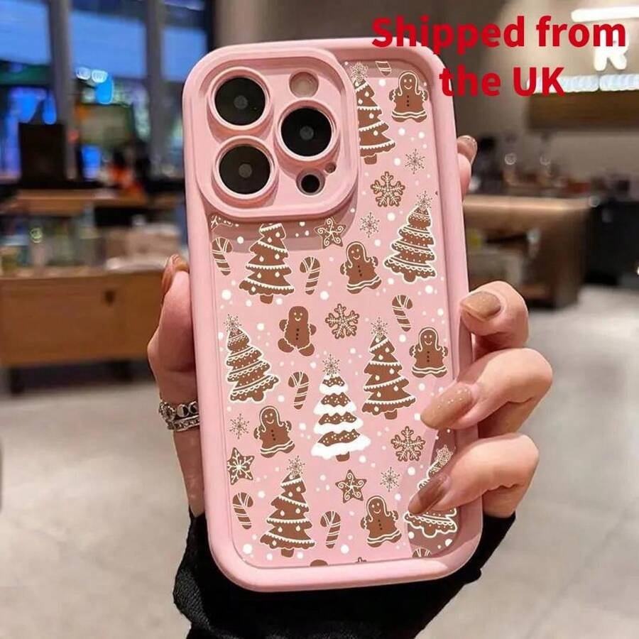 Cute Christmas Tree & Gingerbread Man Pattern Phone Case, Shockproof Phone Protective Cover, Phone Accessory All-Inclusive Anti-Fall  Compatible With IPhone13 12 11 PROMAX 17 16 15 14  AIR PLUS  Material Soft - Pink - View 1