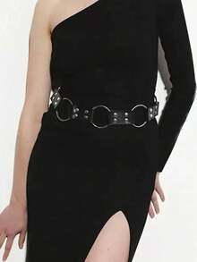 Punk Style Waist Chain Sexy Extra Large Round Ring Waist Belt Accessory, Women's Solid Color Casual PU Leather Adjustable Waist Belt, Suitable For All Seasons - Black - View 2