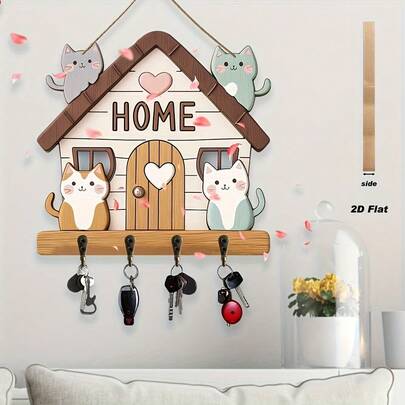 1件2D复古猫咪主题装饰木牌，上面写着“家是心之所在”，图案包含可爱的猫咪、樱花和心形图案——是送给爱猫人士的完美礼物，也是玄关或客厅的耐用钥匙架。